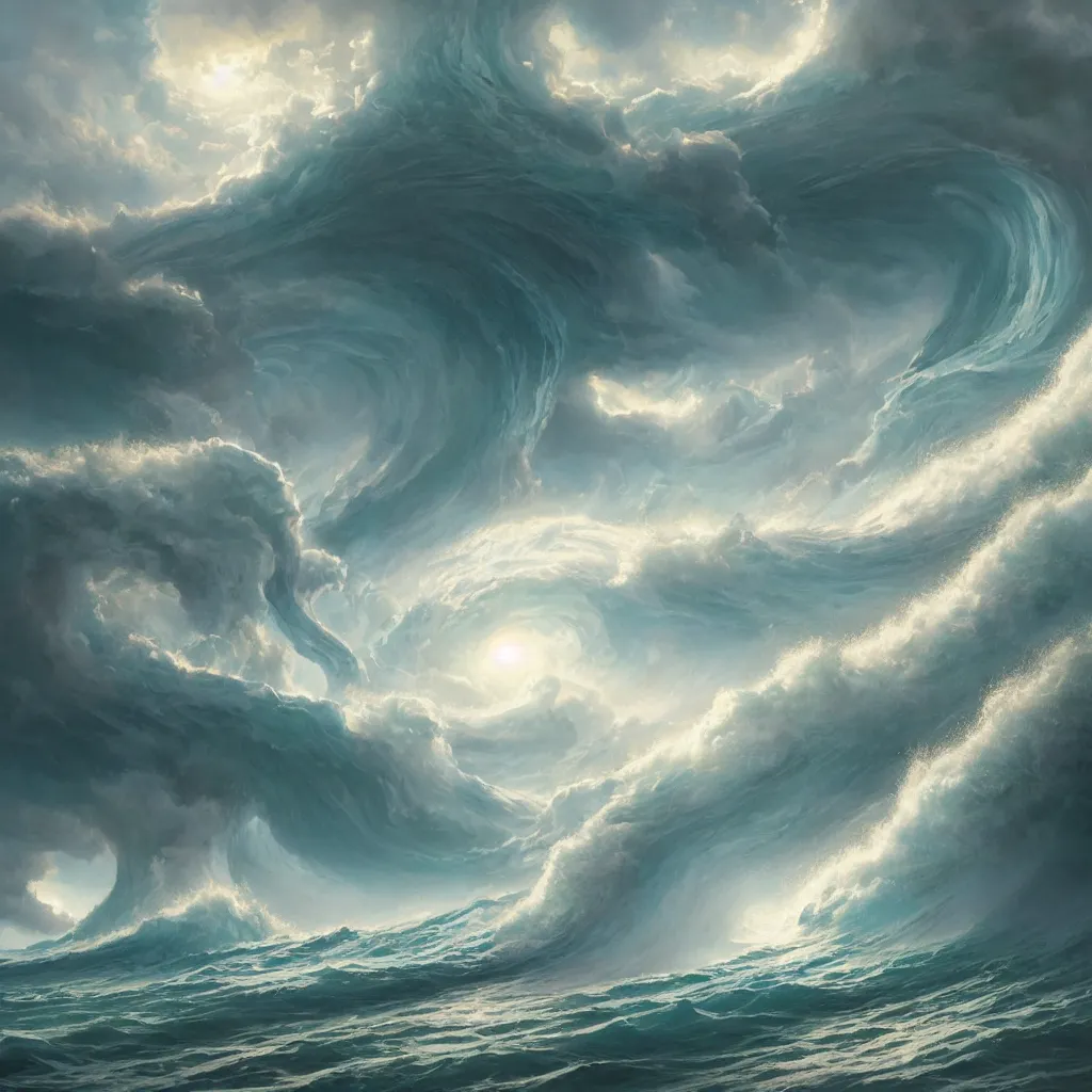 Prompt: a sending down [ of the revelation ] from him who created the earth and the lofty heavens, water wave, tornado, overdetailed art, by greg rutkowski, by rhads, sharp focus