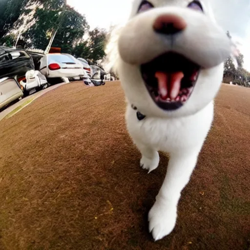 Image similar to widest fish eye lens extremely close to happy dog