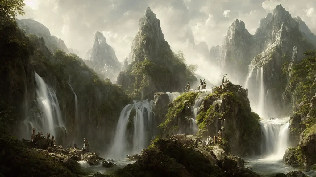 Image similar to elven architecture above the great alpine waterfall. andreas achenbach, artgerm, mikko lagerstedt, zack snyder, tokujin yoshioka