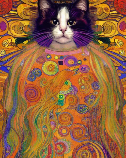 Image similar to hippie cat portrait an oil painting splashes with many colors and shapes by gustav klimt greg rutkowski and alphonse mucha, polycount, generative art, psychedelic, fractalism, glitch art