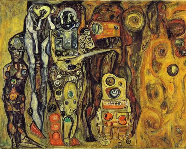 Prompt: a painting of a aliens and robots by graham sutherland, egon schiele!, gustav klimt, expressionism