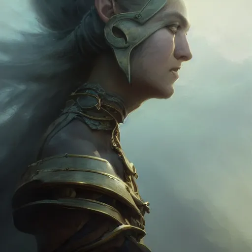 Image similar to cinematic shot epic portrait an female survivor wearing armor made out of bronze and scrap, broad light, ambient occlusion, volumetric light effect, made by ivan aivazovsky, peter mohrbacher, greg rutkowski, matte painting, trending on artstation, 4 k, perfectly defined features, digital painting, cinematic, epic, highly detailed,