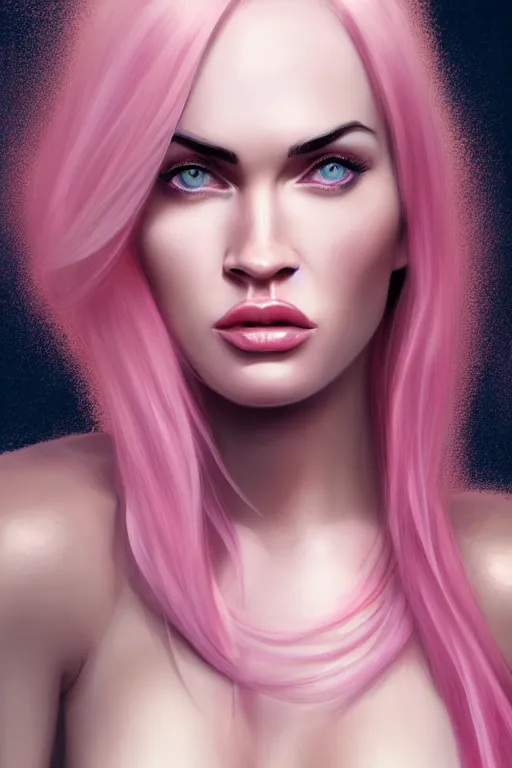 Prompt: Portrait of a beautiful pale skin Nordic female megan fox with long pink hair, elegant, photorealistic, highly detailed, artstation, smooth, sharp focus, gold ornaments, neon lighting, sci-fi, art by Klimt