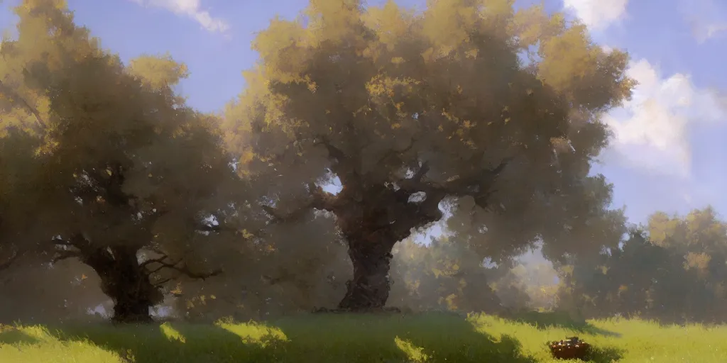 Image similar to digital art painting of a single tree in the middle of a front yard painted by craig mullins and gaston bussiere and greg rutkowski