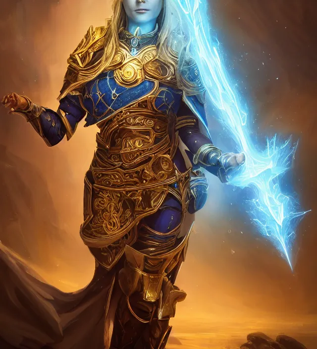 Image similar to Jaina Proudmore portrait, intricate arcane armor with glowing magical runes, flowing blue magical energy, subject in the middle of the frame, rule of thirds, golden ratio, elegant, digital painting, octane 4k render, zbrush, hyperrealistic, artstation, concept art, smooth, sharp focus, illustration from Warcraft by Ruan Jia and Mandy Jurgens and Artgerm and William-Adolphe Bouguerea