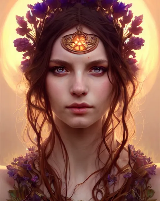 Image similar to beautiful female druid, portrait, fantasy, young, symmetrical eyes, correct eyes proportion, beautiful iris, detailed, intricate, leaves and simple cloth, global lighting, digital art, digital painting, artstation, wlop, sharp focus, illustration, art by artgerm and greg rutkowski and alphonse mucha, 8 k