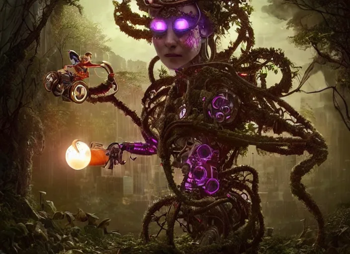 Image similar to intricate mechanical fairy with visible gears having tea with a cyborg gorgon medusa in a magical forest, having tea with a giant minotaur. Very detailed 8k. Fantasy cyberpunk horror. Sharp. Cinematic post-processing