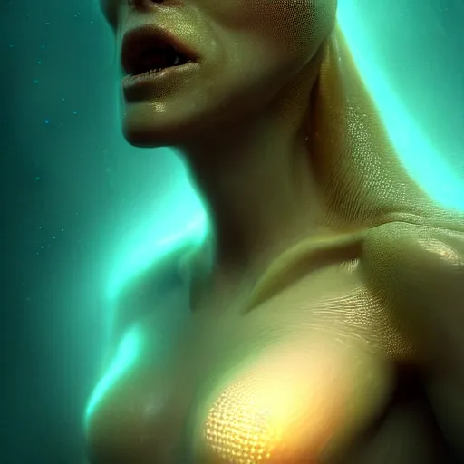 Image similar to ultra realistic horror photo of a dimly lit translucent female alien creature underwater, very intricate details, focus, full frame image, curvy, model pose, artwork by tooth wu and wlop and greg rutkowski, award winning