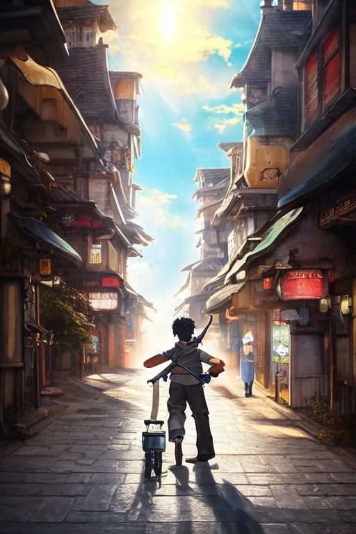 Prompt: ultra detailed keyart of sci - fy movie, a boy carrying a sword in his back is riding a simple bycycle in the main street of isekai shinjuku