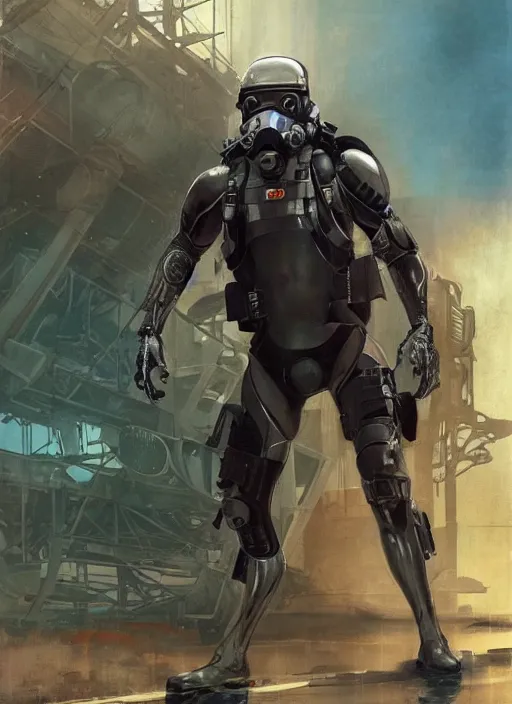 Image similar to Hector. USN blackops operator infiltrating oil rig. Operator wearing Futuristic cyberpunk tactical wetsuit. Frogtrooper. rb6s, MGS, and splinter cell Concept art by James Gurney, greg rutkowski, and Alphonso Mucha. Vivid color scheme.