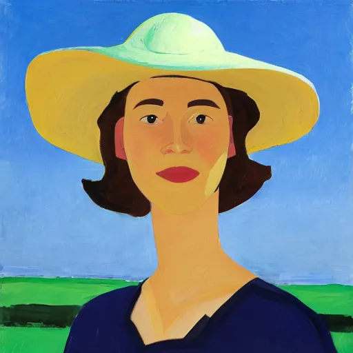 Prompt: woman with hat, by Alex Katz, colorful, smiling, beach background, oil on canvas