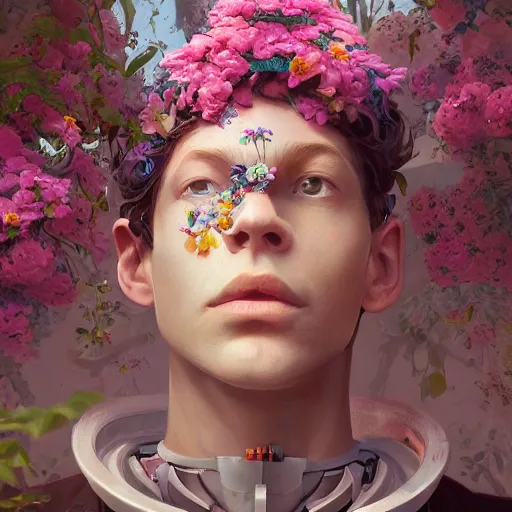 Image similar to highly detailed surreal vfx portrait of a robot with flowers growing out of its head, stephen bliss, unreal engine, greg rutkowski, loish, rhads, beeple, makoto shinkai and lois van baarle, ilya kuvshinov, rossdraws, tom bagshaw, global illumination, detailed and intricate environment