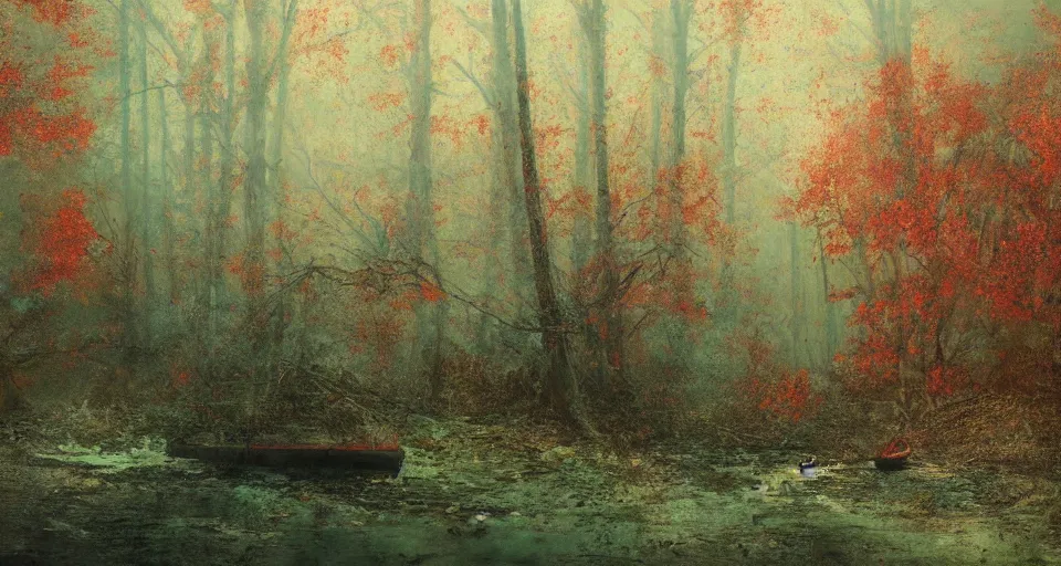 Image similar to an old broken ship in an autumn forest, green and red tones, by Aron Wiesenfeld and beksincki, cinematic, detailed illustration, nature, fog, dark colors, suspense, intricate, 8k