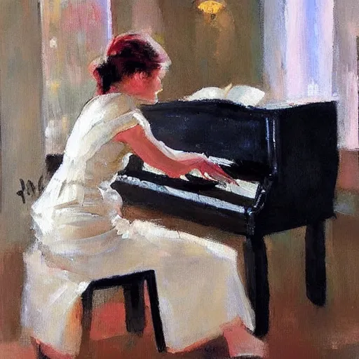 Prompt: a painting of a woman playing a piano, an acrylic painting by Raymond Leech, featured on pinterest, figurative art, oil on canvas, acrylic art, art on instagram