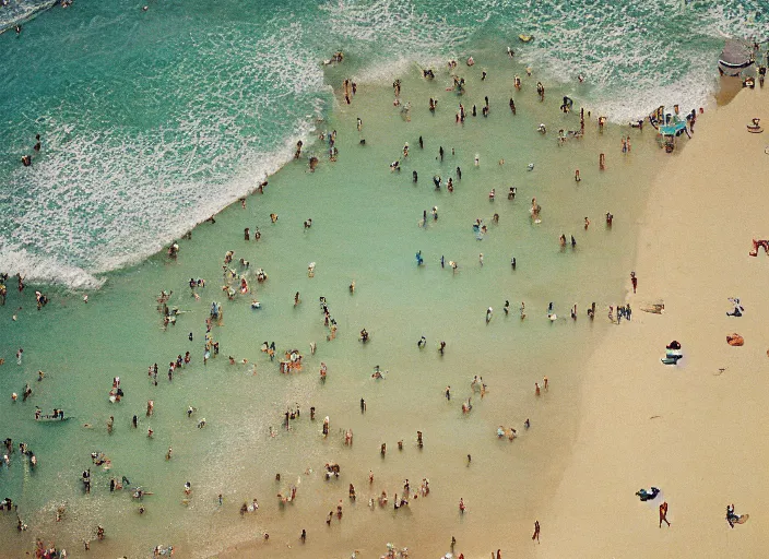 Image similar to close-up color film photography 1970s, aerial view of the beach with a lot of people, soft focus, golden hour, soft light, 35mm, film photo, Joel Meyerowitz