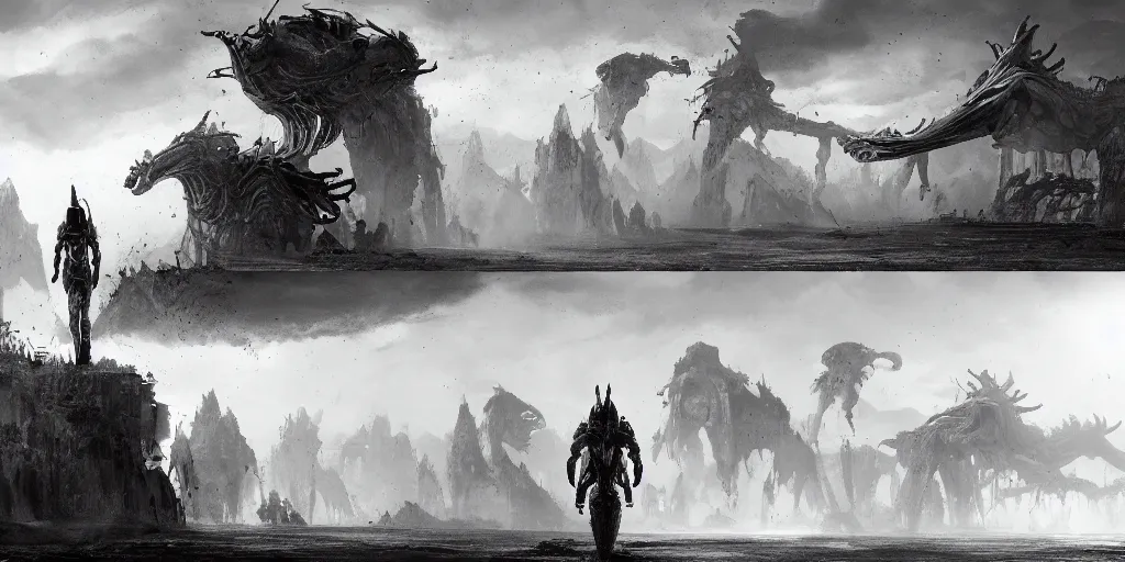 Prompt: black and white graphic thumbnails of alien concuring on a planet with high tech fantasy / magical machinery, cinematic composition, a fantasy digital painting by greg rutkowski and james gurney, trending on artstation, highly detailed, hyperrealistic, realistic, photorealistic, dynamic lighting, highly detailed, cinematic landscape, studio landscape, studio lighting