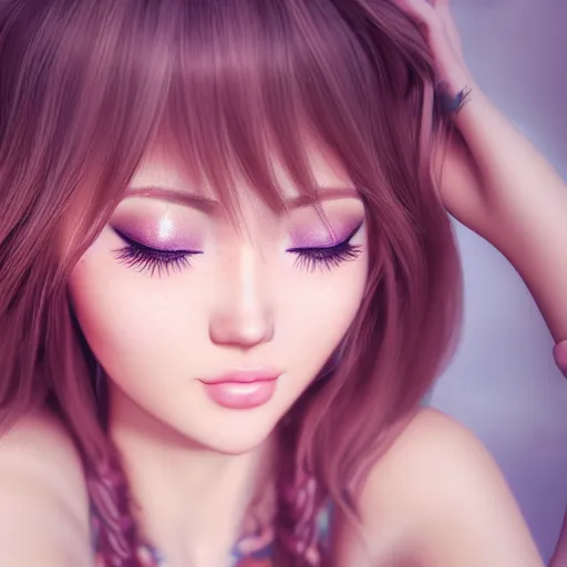 Image similar to beautiful intricate photograph of nikki from shining nikki dress - up game, a cute young woman, light pink hair, long hair with full bangs, full heart - shaped face, hazel amber eye color, pale skin, light blush, chinese heritage,, smiling softly, golden hour, soft focus, 8 k, hyperrealism, hyperdetailed