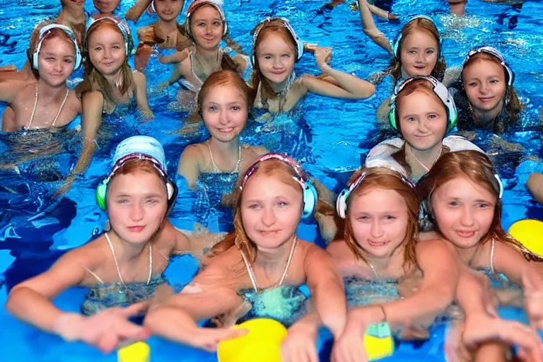 Image similar to Putin and girls at aquatic disco, hyper realistic photo, highly detailed