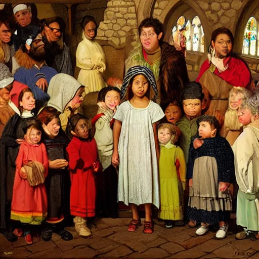 Prompt: ethnically diverse children in a church nativity play, art by normal rockwell