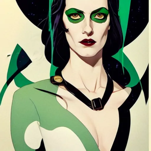 Image similar to Joshua Middleton comic art, wide shot, stunning elegant female Eva Green, spy, kabuki mask, beautiful evil sneer, symmetrical face, symmetrical eyes, leather clothing and boots, long straight green black hair, full body, Midnight pattern