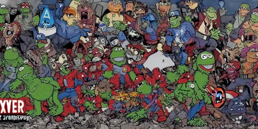 Prompt: muppet apocalypse vs zombies vs avengers vs jurassic park vs gundam