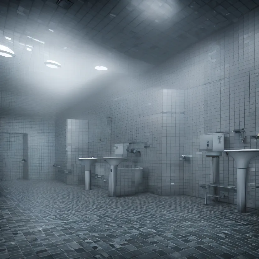 Image similar to an infinite public restroom with endless stalls and endless sinks fading into the distance, lots of people, showers, lights, tile, cinematic lighting, volumetric lighting, award winning photography, highly detailed, intricate, sharp focus, 4 k wallpaper, unreal engine, 9 0 mm, f / 1. 4