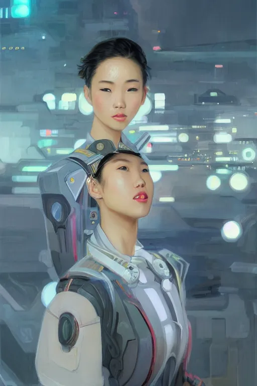 Image similar to portrait futuristic asian airforce girl, looking at the camera, expressive pose, symmetrical face, in future airport rooftop , sci-fi, fantasy, intricate, very very beautiful, elegant, human anatomy, neon light, highly detailed, digital painting, artstation, concept art, smooth, sharp focus, illustration, art by tian zi and WLOP and alphonse mucha