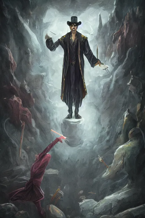 Prompt: the magician from major arcana character concept art, digital painting, mixed media, trending on artstation and deviantart, epic composition, magnum opus, highly detailed, 8 k