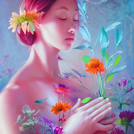 Prompt: a bouquet of colorful flowers, flowers with very long petals, light and shadow, glowing, vivid, hidden soft and delicate female hands, no head, no body, no face, detailed painting, by James Jean and Ross Tran, masterpiece, award winning painting