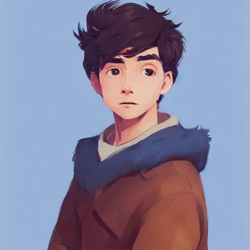 Image similar to portrait of a boy with long fluffy brown hair. blue background. digital art, procreate, stylized, by rossdraws, ghibli, greg rutkowski