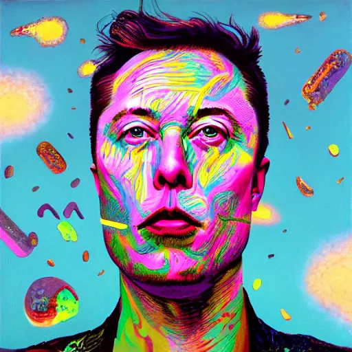 Image similar to surrealist portrait painting of elon musk's acid trip, album cover