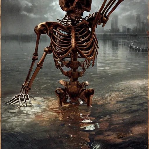 Image similar to a photograph of a skeleton made out of mechanical and biological components submerged and rusted in the water, cinematic, volumetric lighting, f 8 aperture, cinematic eastman 5 3 8 4 film, photorealistic by greg rutkowski, by stanley artgerm, by alphonse mucha
