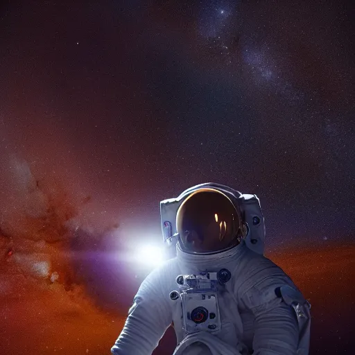 Image similar to photograph of an astronaut, dramatic downlit, against the absolute darkness of space, full body photo,, 8 k