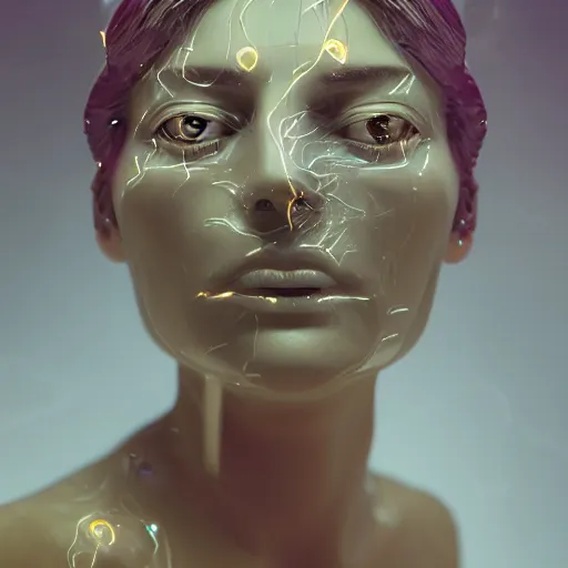 Prompt: abstract female face sculpture melting in white marble and amethyst crystals quartz, ethereal lights, fine details, film still, cinematic photoshooting, luxury, strong wind, dark mood, sad, liquid acrylic painting, optical cables, cold colors, golden filigree, lens flares, octane render