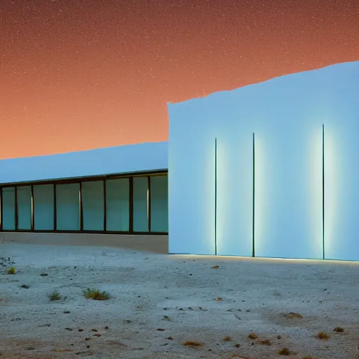 Image similar to building in a desert at night, minimalist architecture, neon lights, james turrel,