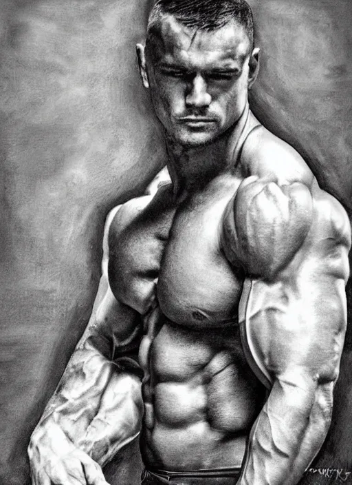 Image similar to portrait of a handsome ukrainian bodybuilder, art by denys tsiperko