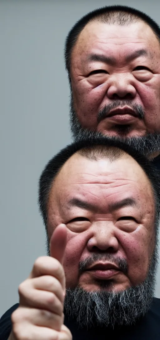 Image similar to Ai Weiwei looking angry into the camera showing his middle finger, blue soft light, 50 mm