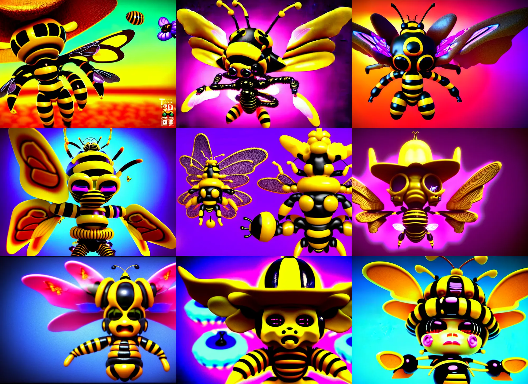 Prompt: 3 d render of chibi cyborg bee demon by ichiro tanida wearing a big cowboy hat hive mind and wearing angel wings against a psychedelic swirly background with 3 d butterflies and 3 d flowers n the style of 1 9 9 0's cg graphics 3 d rendered y 2 k aesthetic by ichiro tanida, 3 do magazine