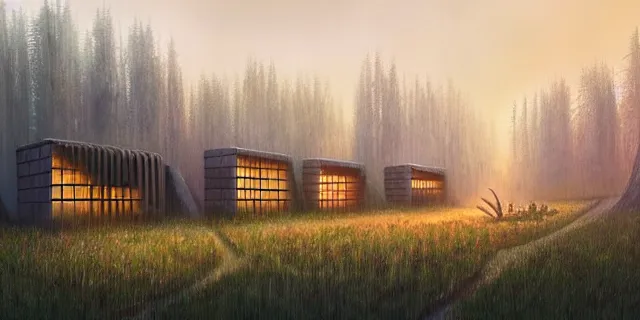 Prompt: painting maze with redwood trees and ancient oak city from bladerunner by tomasz alen kopera and daniel lieske with futuristic neolithic townhouse by eddie jones and simon stahlenhag