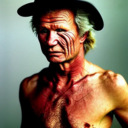 Image similar to uhd photorealisitc candid photo of john savage dressed as a savage. photo by annie leibowitz and steve mccurry