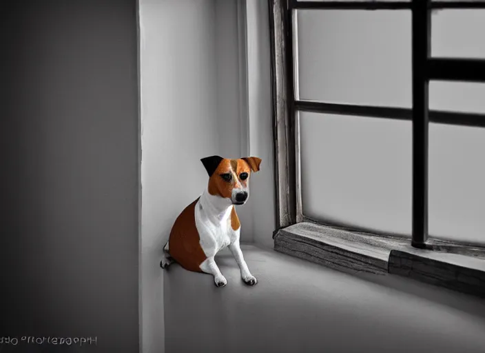 Image similar to photography of a Jack Russel . watching outside the window. on a bed. in a vintage room.,volumetric light, photorealistic,, award winning photo, 100mm, sharp, high res