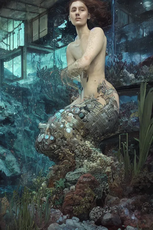 Prompt: a full body portrait of a beautiful post apocalyptic offworld neoicelandic biofarmer swimming by the fish tank, intricate, elegant, highly detailed, digital painting, artstation, concept art, smooth, sharp focus, illustration, art by krenz cushart and artem demura and alphonse mucha
