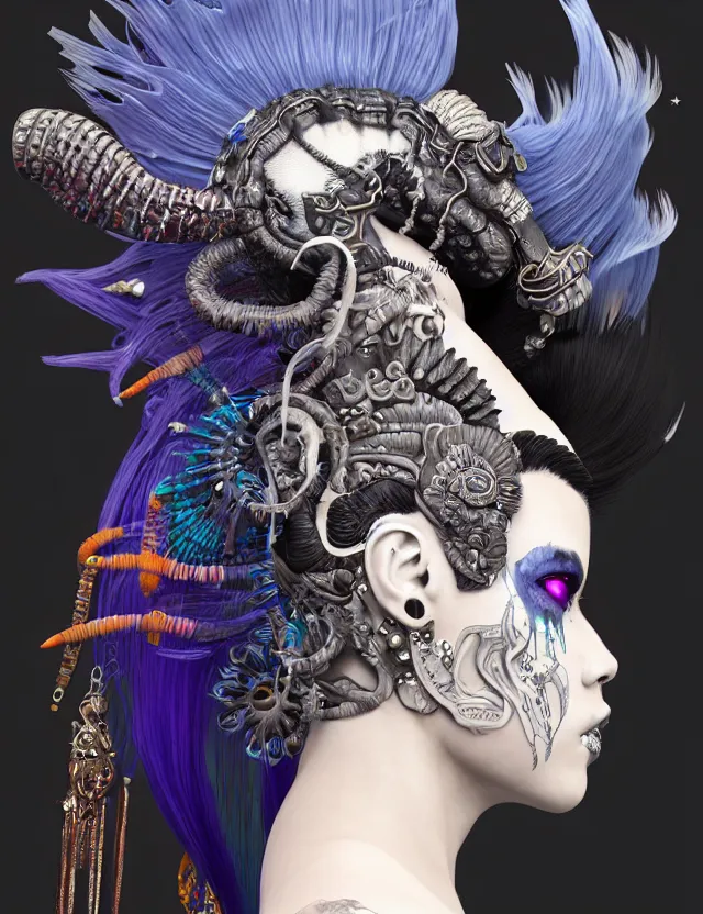 Image similar to 3 d goddess close - up profile portrait punk with mohawk with ram skull. beautiful intricately detailed japanese crow kitsune mask and clasical japanese kimono. betta fish, jellyfish phoenix, bio luminescent, plasma, ice, water, wind, creature, artwork by tooth wu and wlop and beeple and greg rutkowski