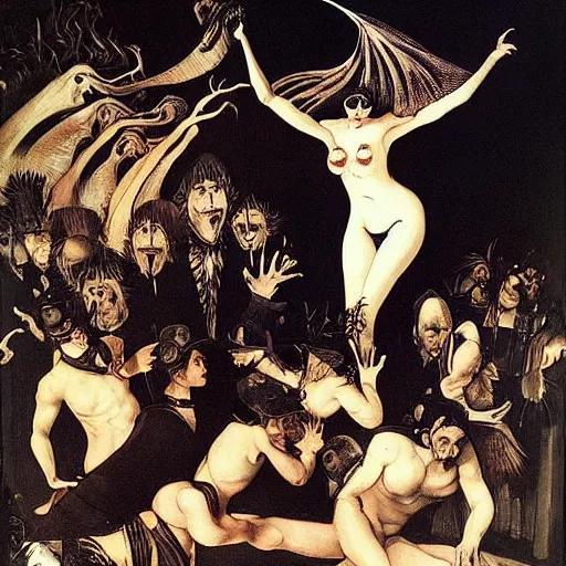 Image similar to A beautiful illustration of a large, dragon-like creature with sharp teeth, talons, and a long tail. The creature is looming over a small group of people who appear to be in distress. Moulin Rouge! by Caravaggio, by Gerhard Munthe frightful