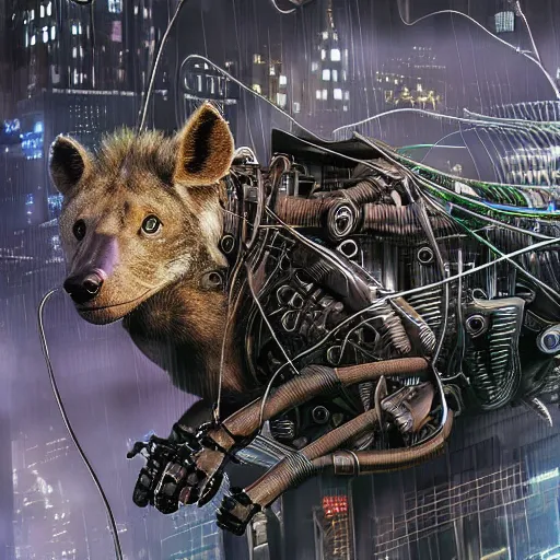 Image similar to robotic cyberpunk hyena, many wires and metal exposed, realistic photo, bladerunner