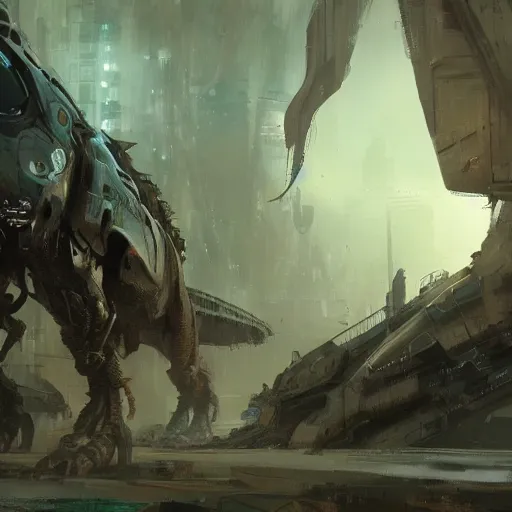 Prompt: a mech shaped like a dinosaur, 4 k digital artwork, concept art, wadim kashin