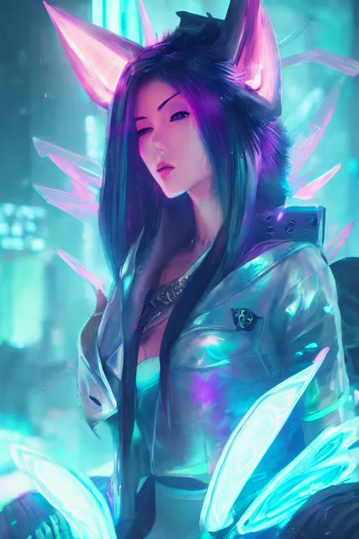 Image similar to ahri from league of legends, cyberpunk futuristic neon. decorated with traditional japanese ornaments by ismail inceoglu dragan bibin hans thoma greg rutkowski alexandros pyromallis nekro rene maritte illustrated, perfect face, fine details, realistic shaded, fine - face, pretty face, masterpiece