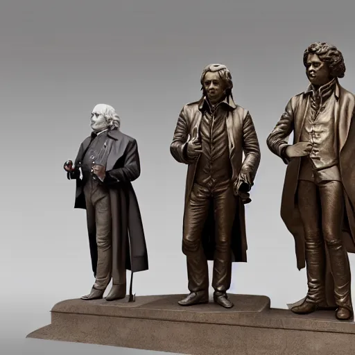 Image similar to mozart and beethoven and bach and liszt all standing next to each other, they're all statues, octane render, 8 k, highly detailed, hyper - realistic.