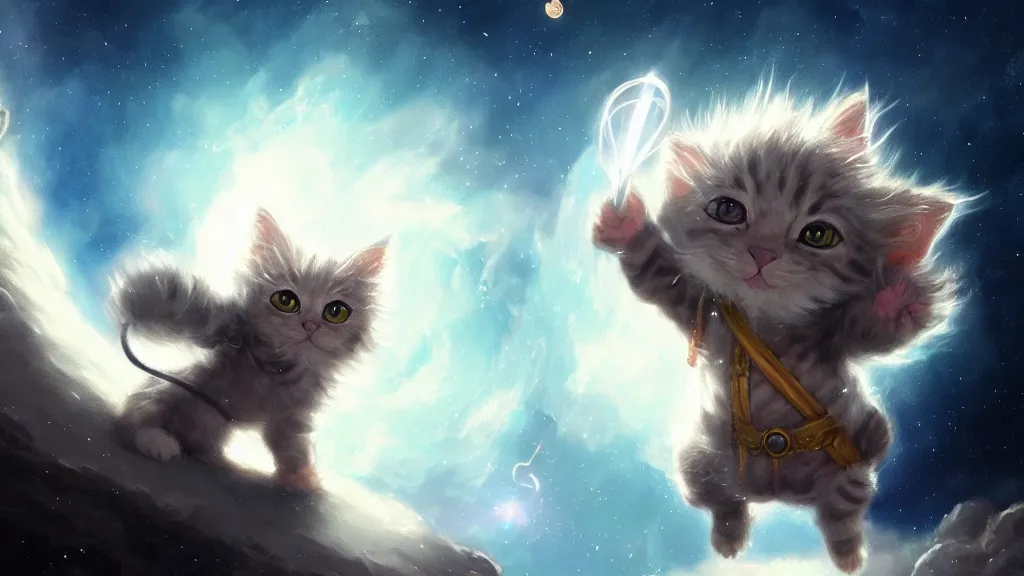 Image similar to a single cartoonish kitten dressed as Gandalf floating in space, bright stars, anime, a fantasy digital painting by Greg Rutkowski and James Gurney, trending on Artstation, highly detailed