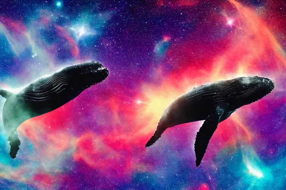 Image similar to a beautiful humpback whale swimming through a colorful nebula in space